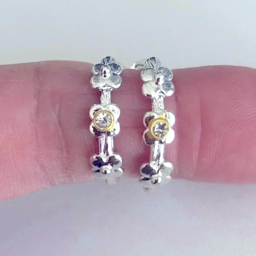 Silver and Gold Tone Flower Cubic Zirconia Hoop Style Earrings NWT